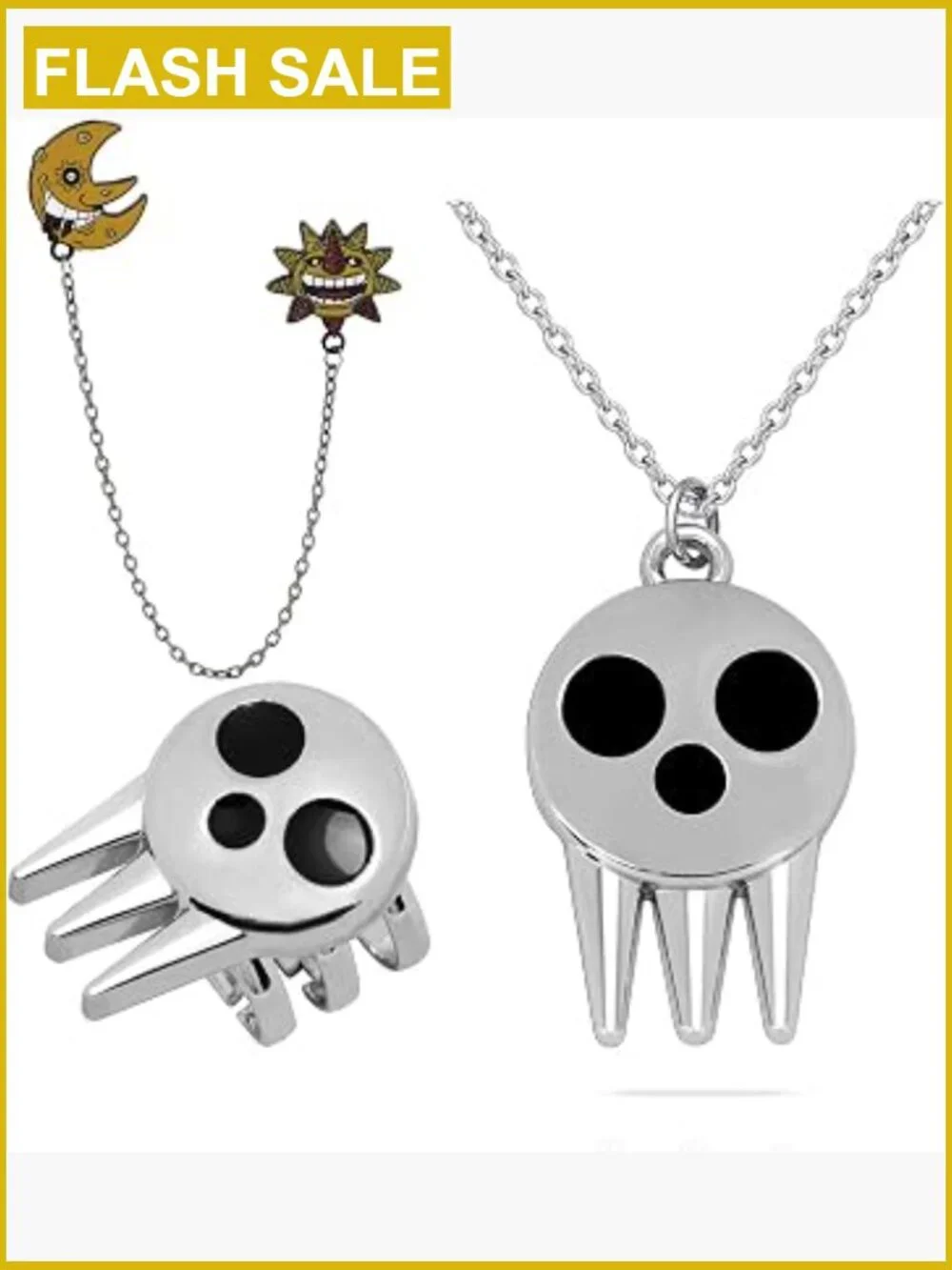 3 Pcs Anime Soul Brooch Ring Necklace Set - Evil Sun Moon Pin Cosplay Jewelry